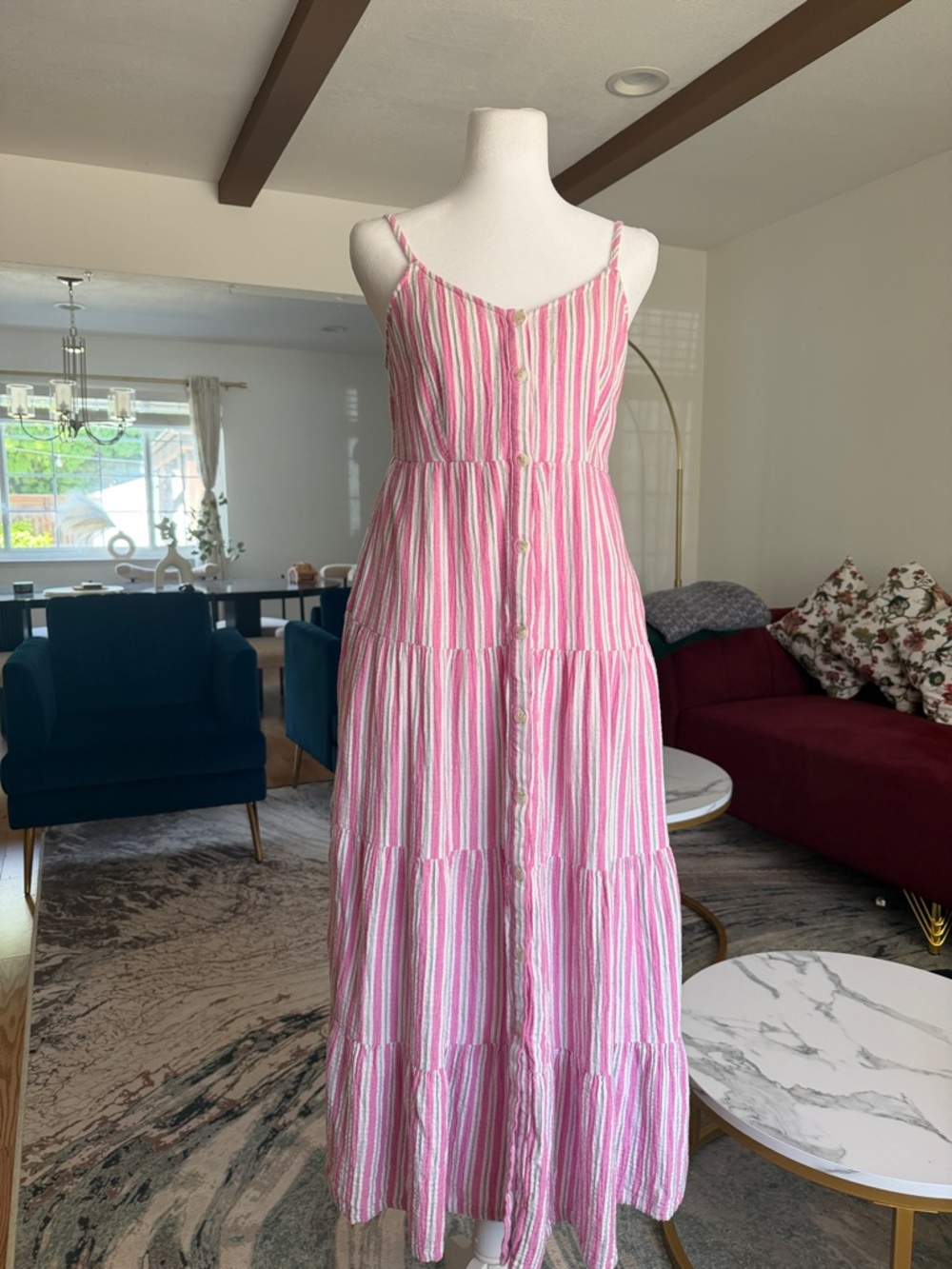 Universal Thread Pink and White Striped Tiered Maxi Dress